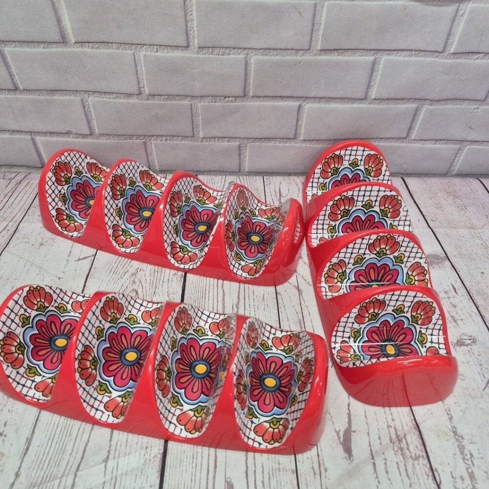 (3pcs) Panama Jack Home Taco Serving Tray Tortilla Holder Melamine Mosaic Red
